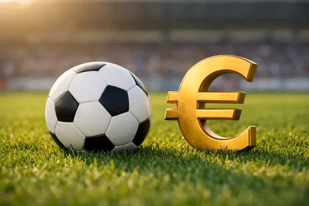 Pallone da calcio su un campo verde con il simbolo dell'euro in primo piano