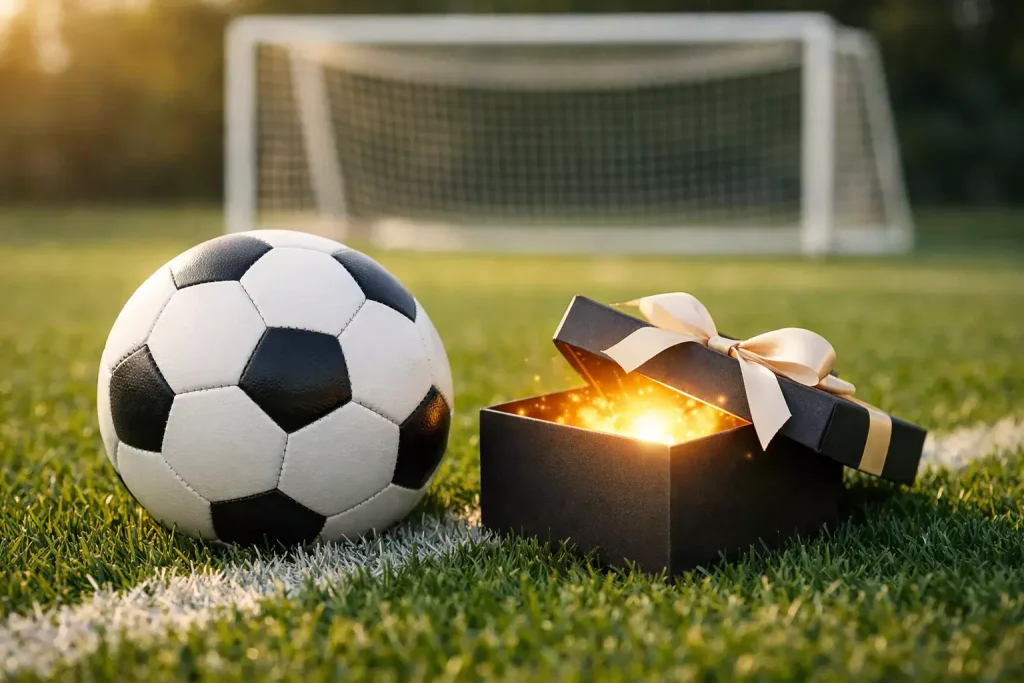 Pallone da calcio su campo in erba con simbolo regalo luminoso