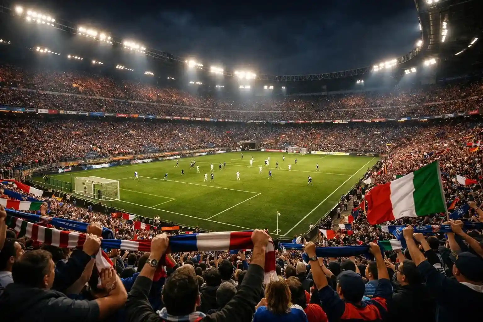 Stadio italiano pieno di tifosi durante partita serale