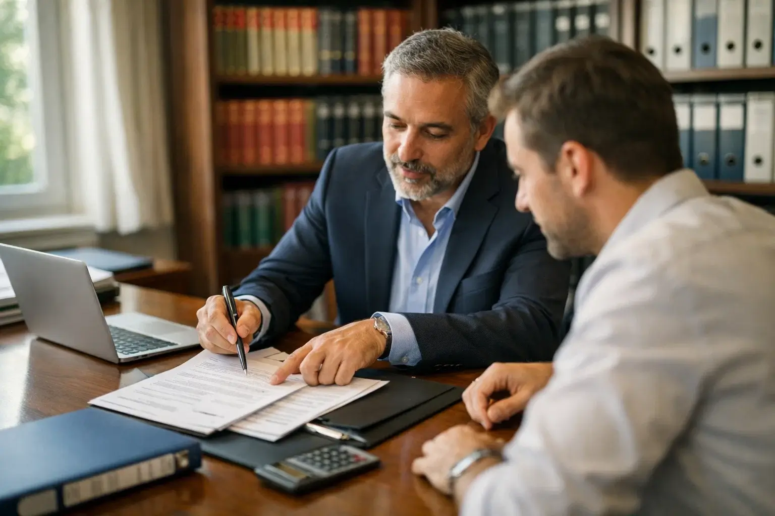 Commercialista che consulta cliente in studio professionale