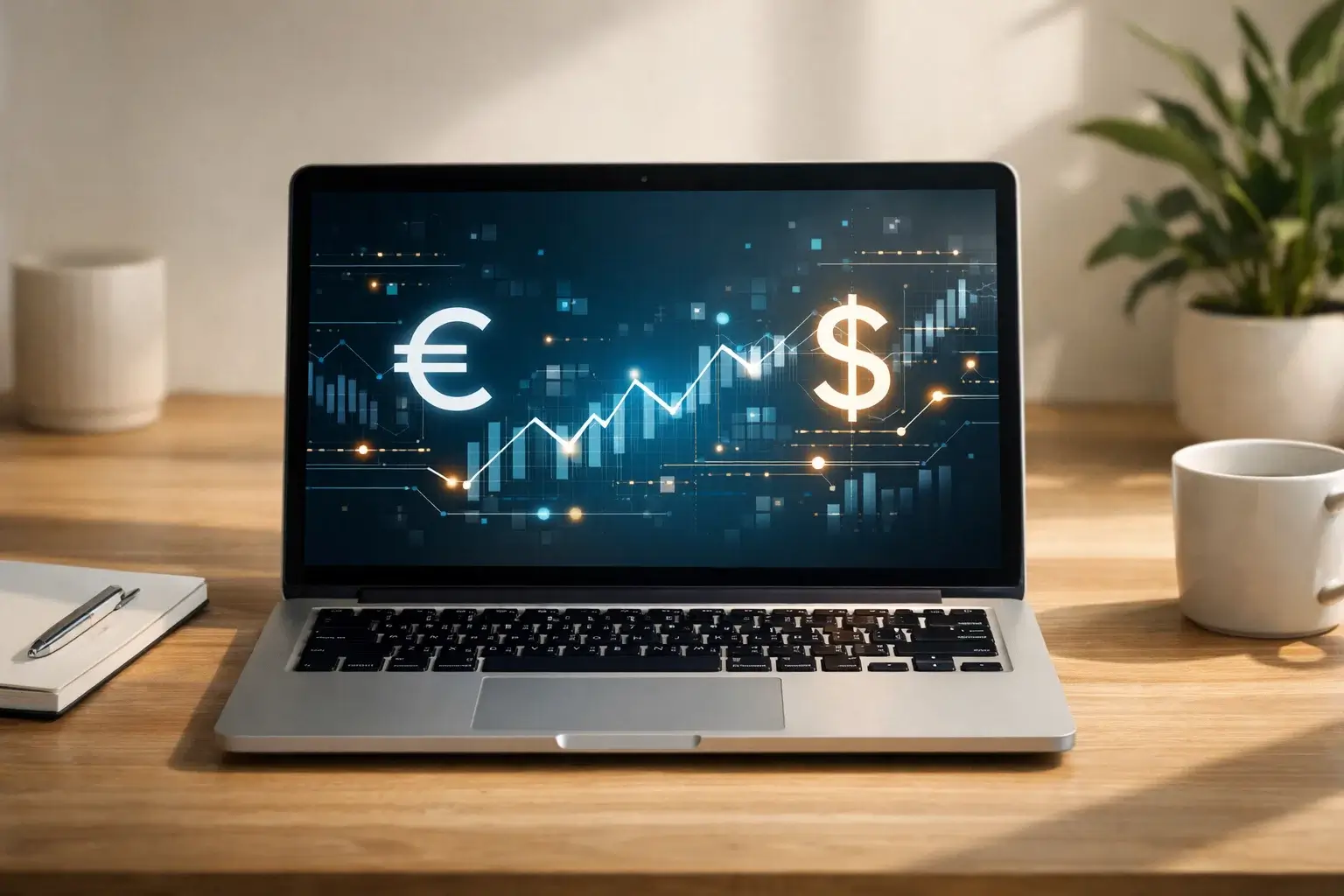 Schermo di computer portatile con simboli di valute digitali