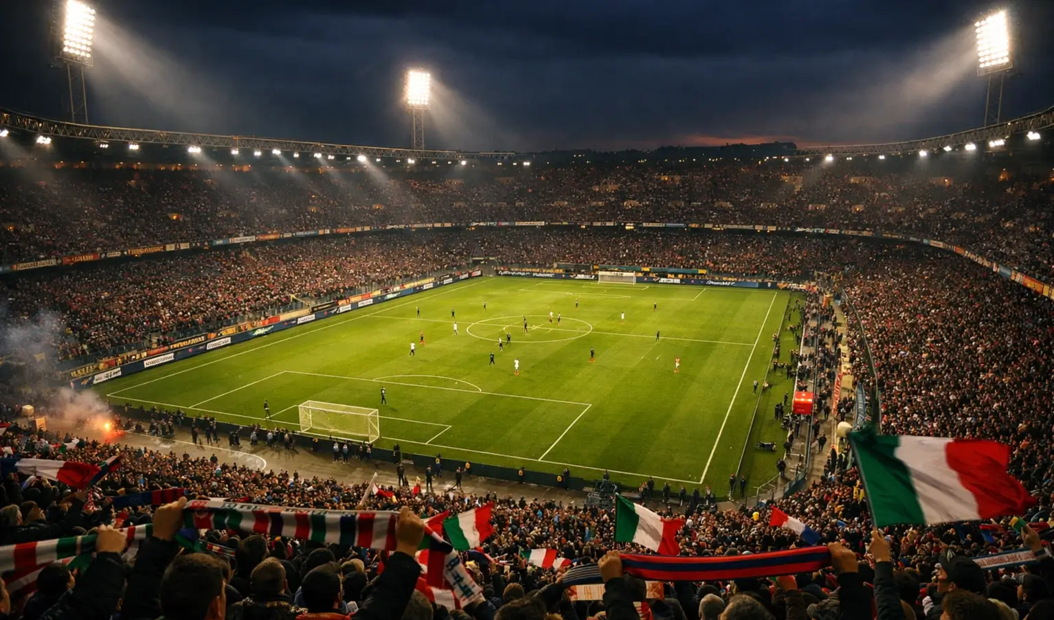 Stadio di calcio italiano durante partita serale