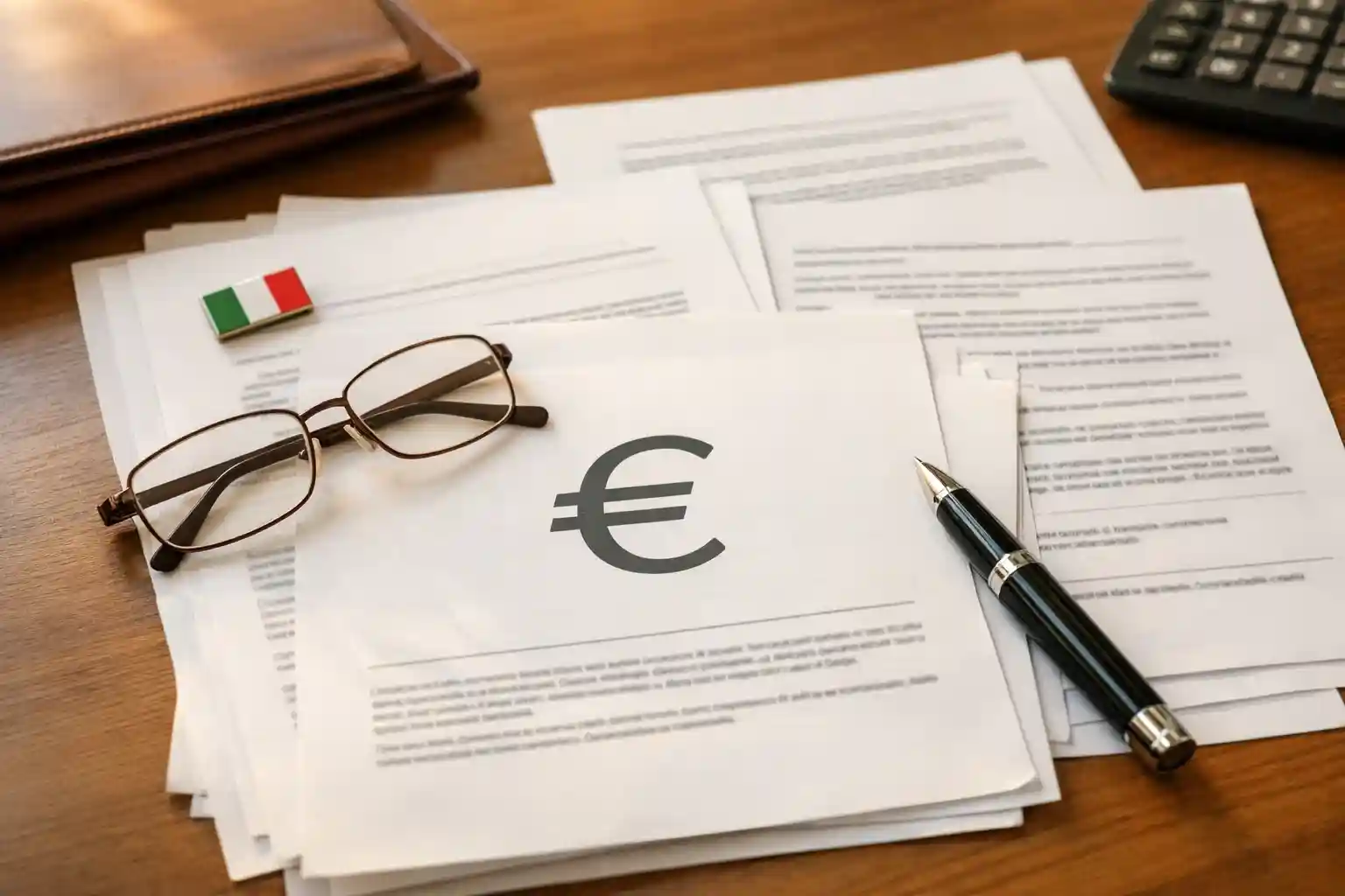 Documenti fiscali italiani con penna e simbolo euro su scrivania