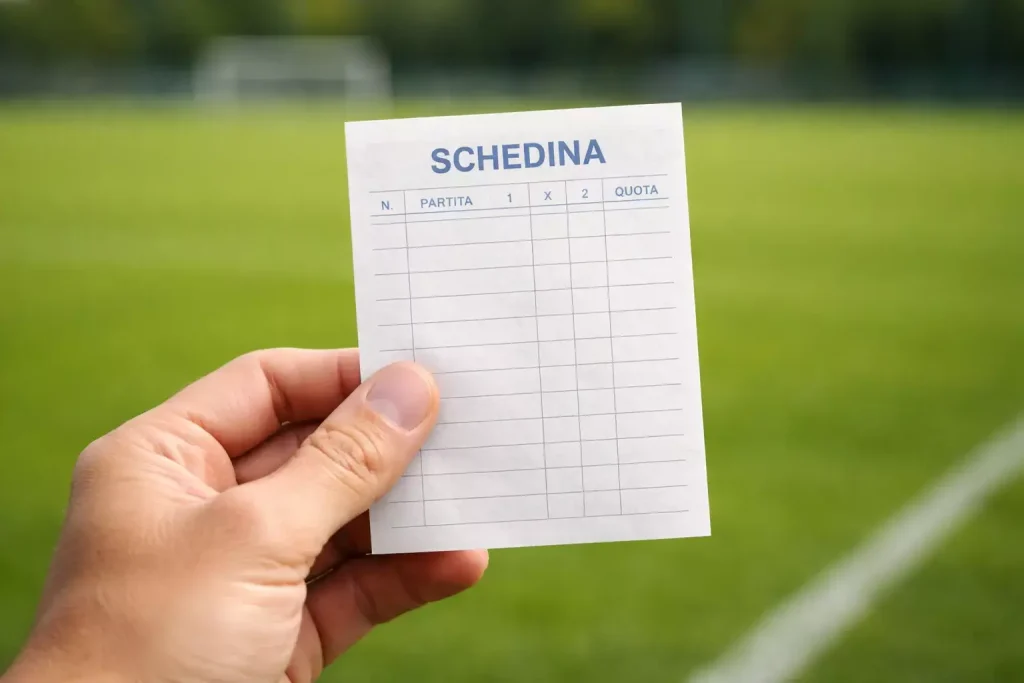 Mano che tiene un biglietto da scommessa davanti a un campo da calcio verde