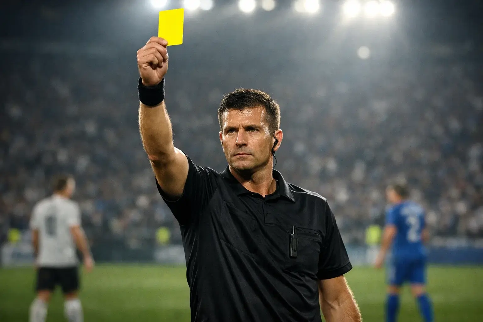 Arbitro che estrae un cartellino durante partita di calcio