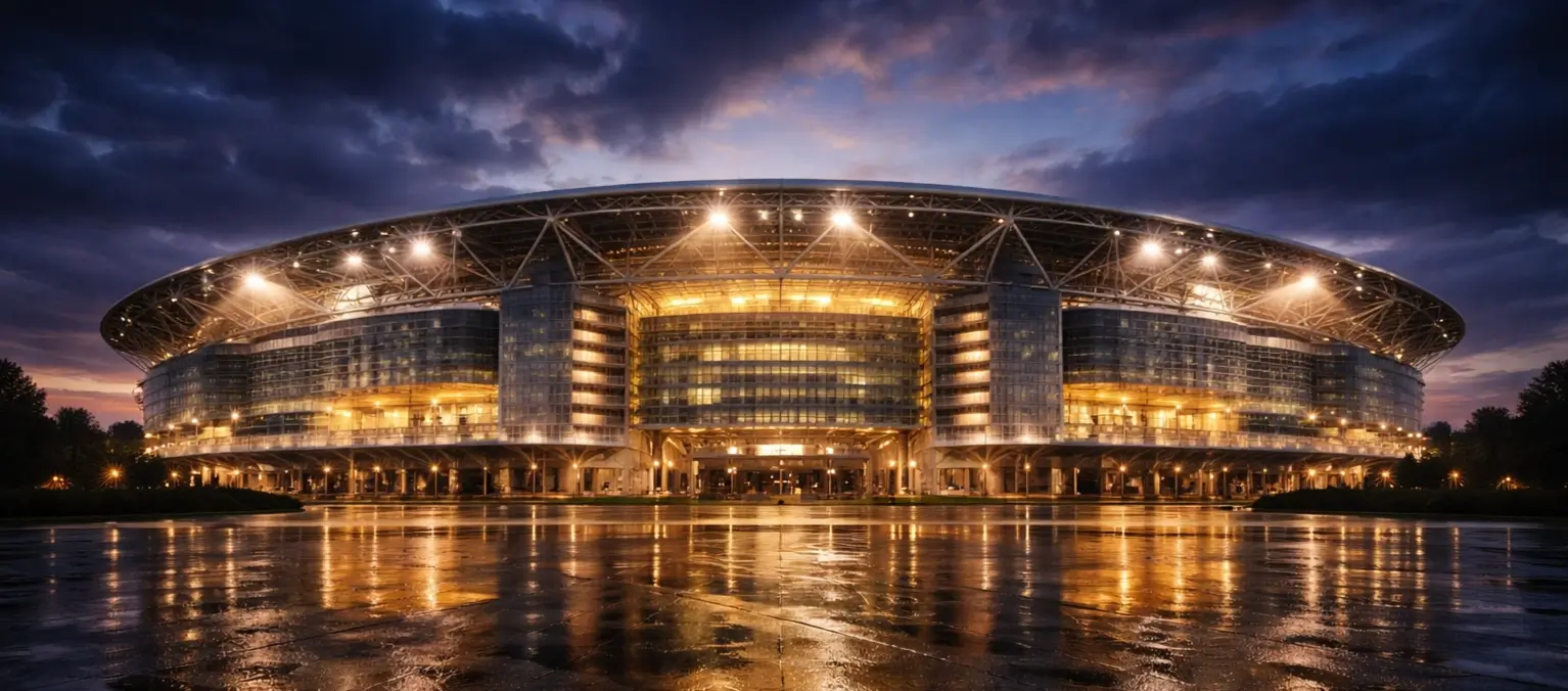 Stadio di calcio moderno con illuminazione serale suggestiva