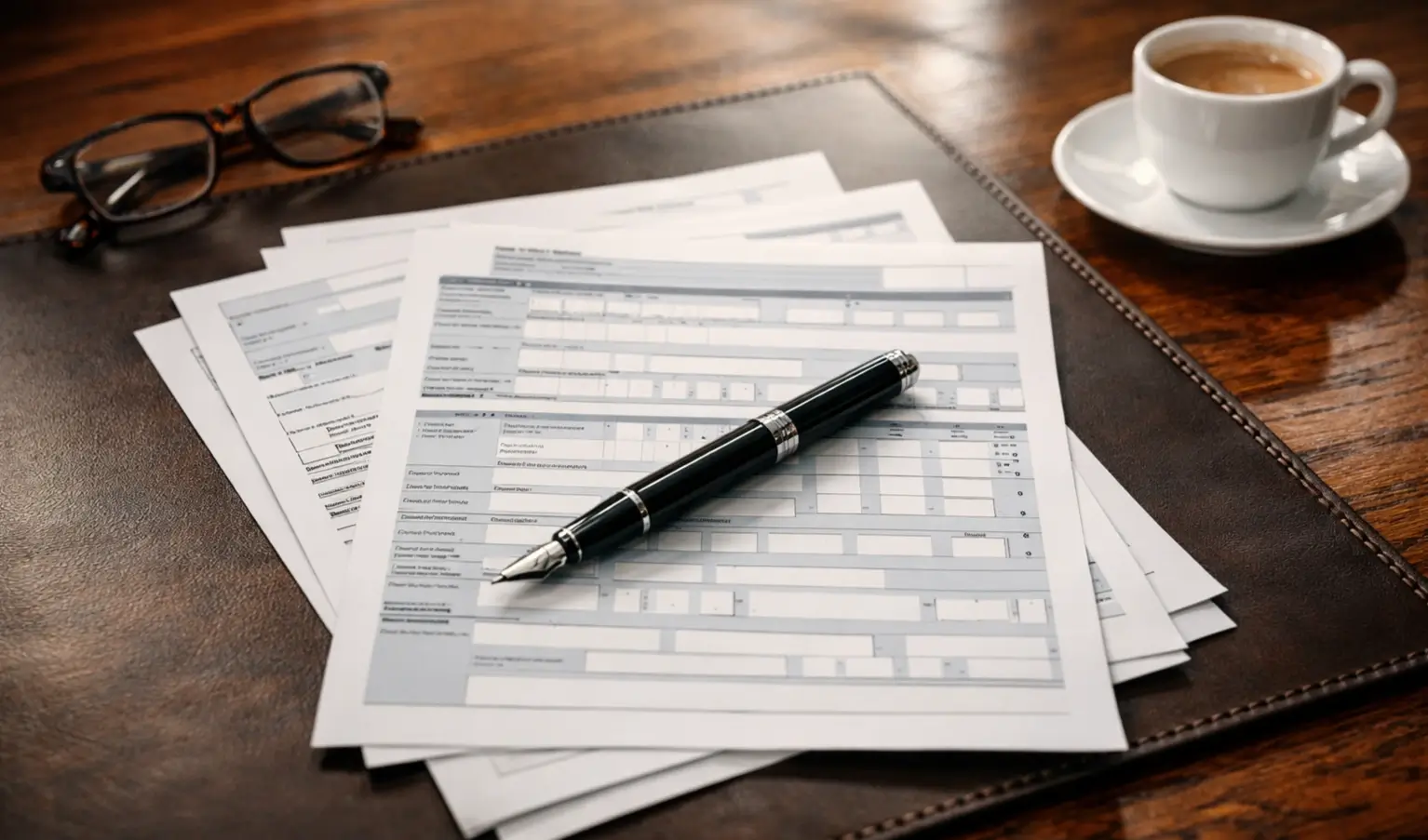 Scrivania professionale con documenti fiscali e penna stilografica