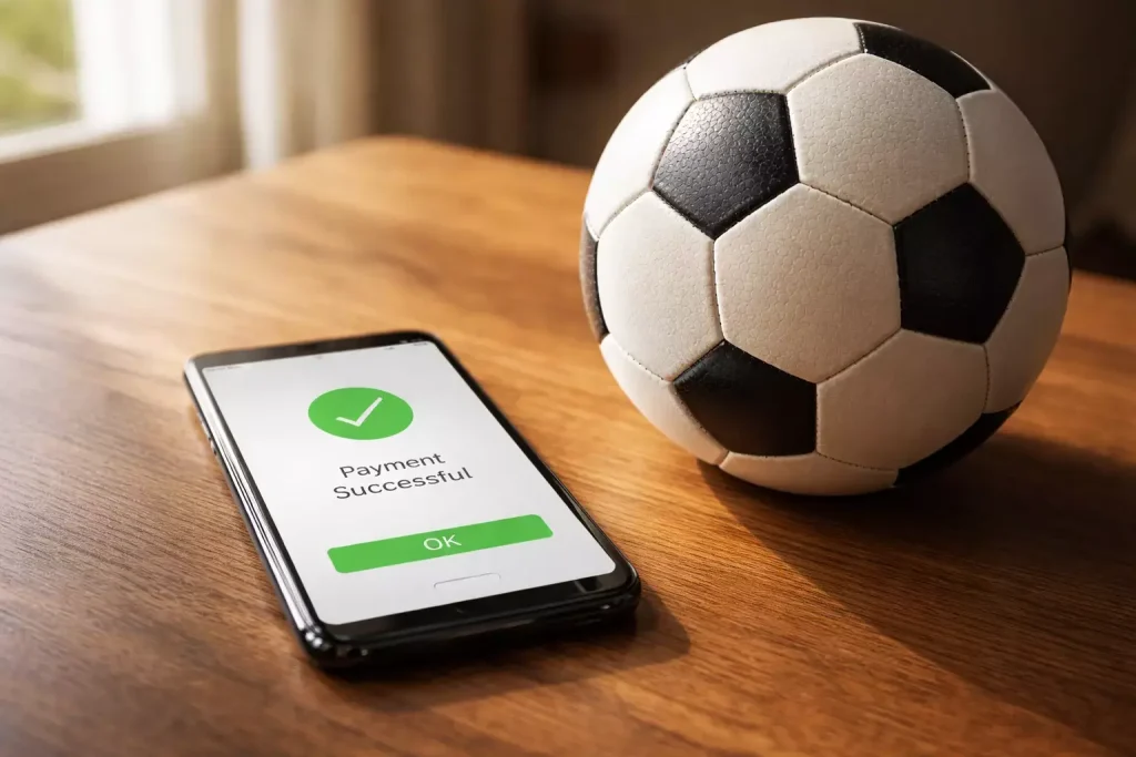 Smartphone con schermata di pagamento su un tavolo accanto a un pallone da calcio