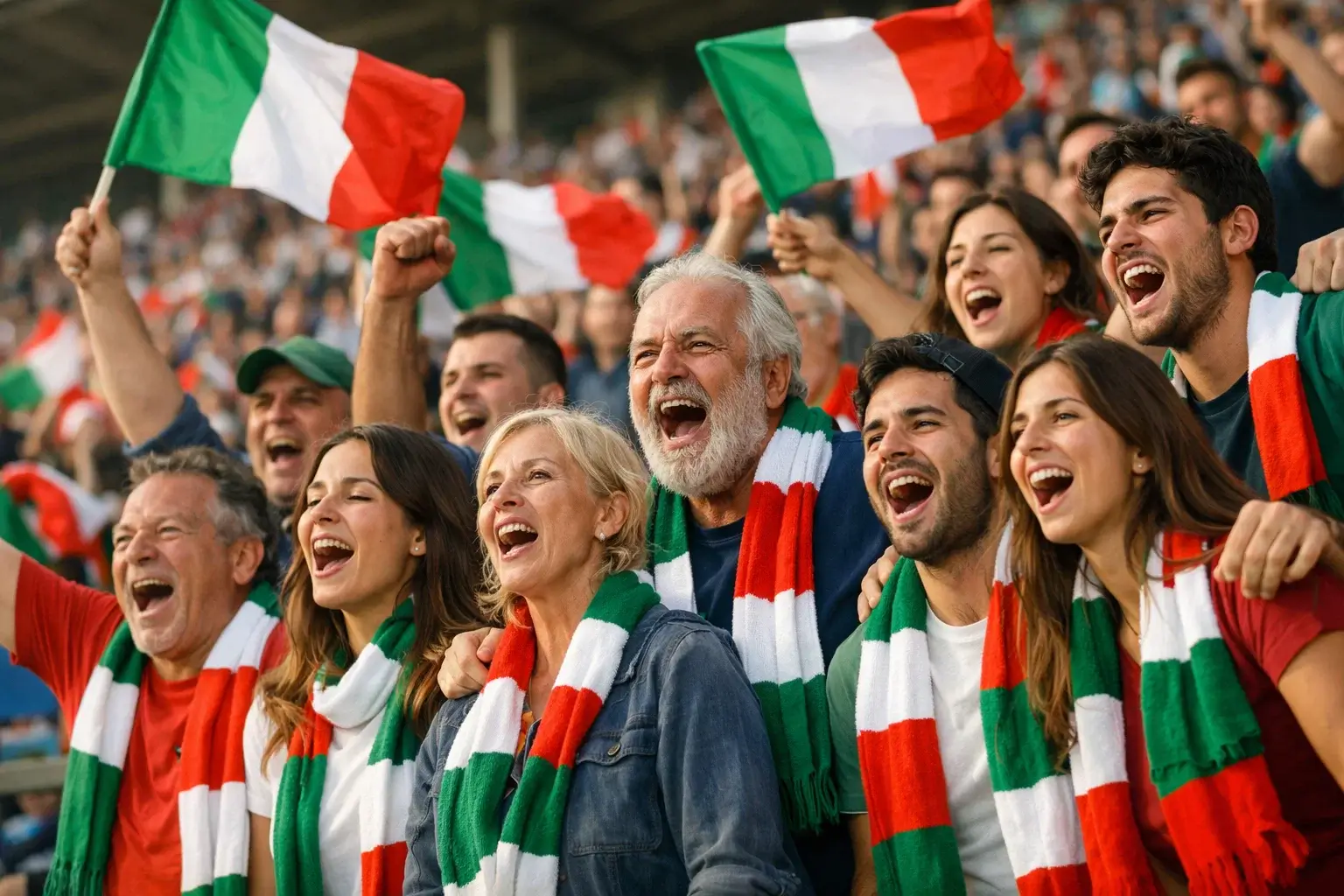 Tifosi italiani con bandiere e sciarpe allo stadio