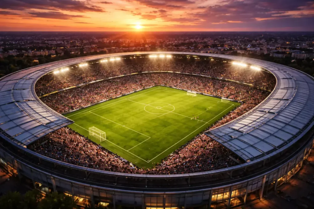 Stadio di calcio moderno visto dall'alto con luci accese al tramonto