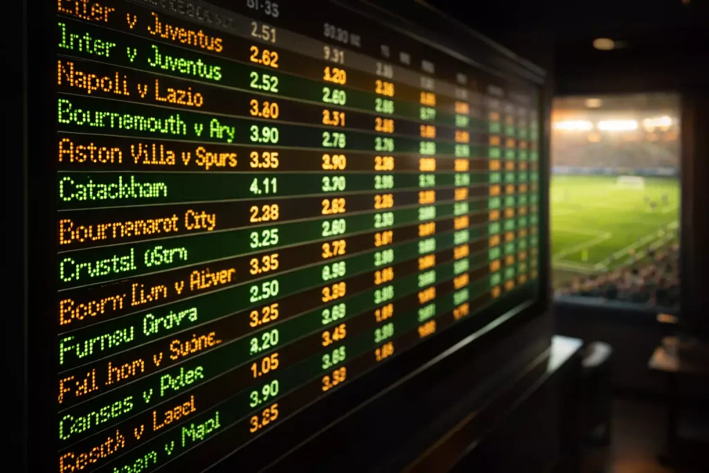 Tabellone quote di scommesse sportive con partita di calcio sullo sfondo