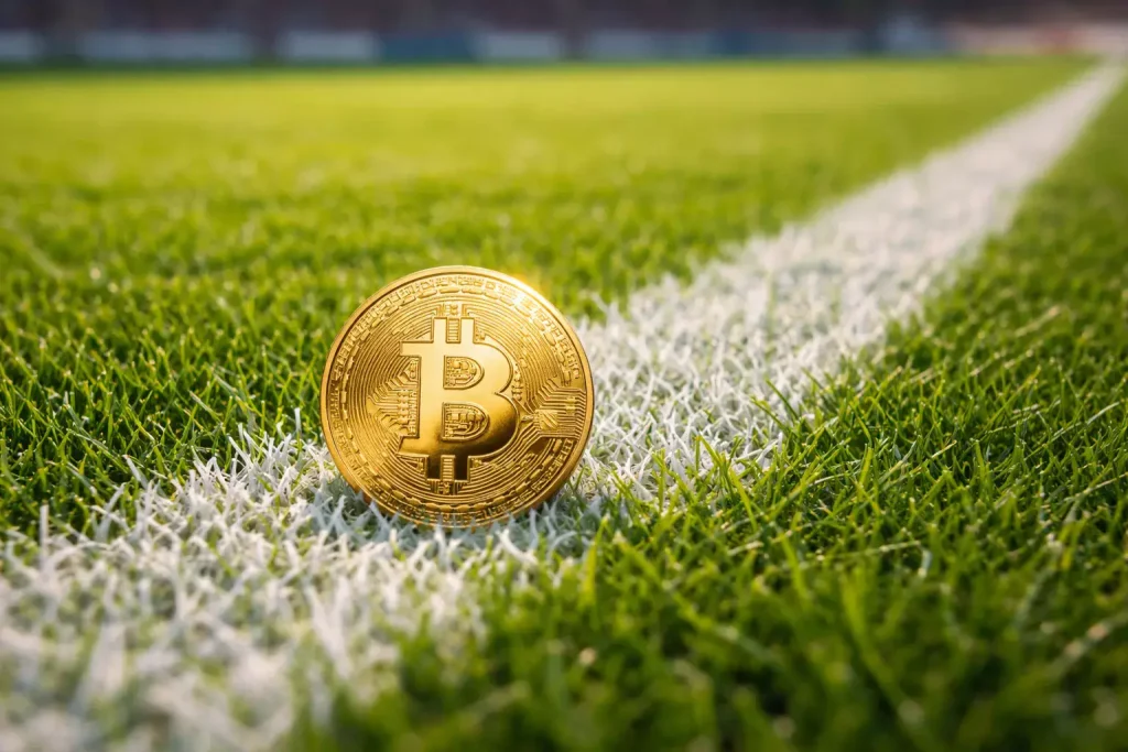 Moneta dorata con simbolo Bitcoin appoggiata su un campo da calcio in erba