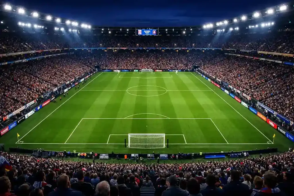 Stadio di calcio europeo illuminato di sera con campo in erba verde