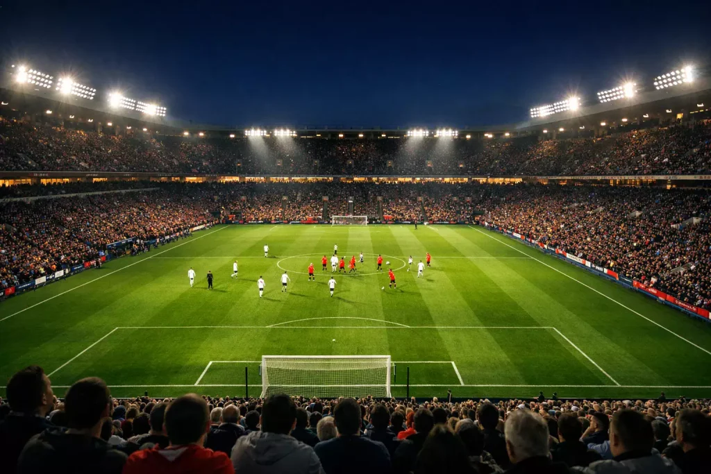 Stadio di calcio illuminato di notte con campo verde durante una partita in diretta