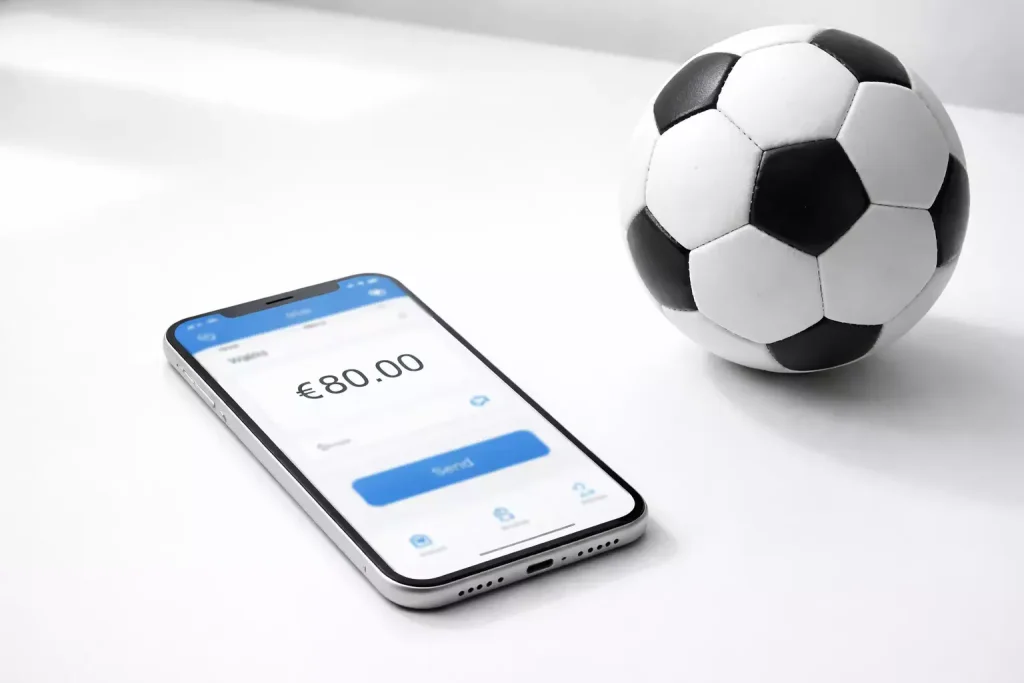 Smartphone con app di pagamento e-wallet e pallone da calcio su scrivania