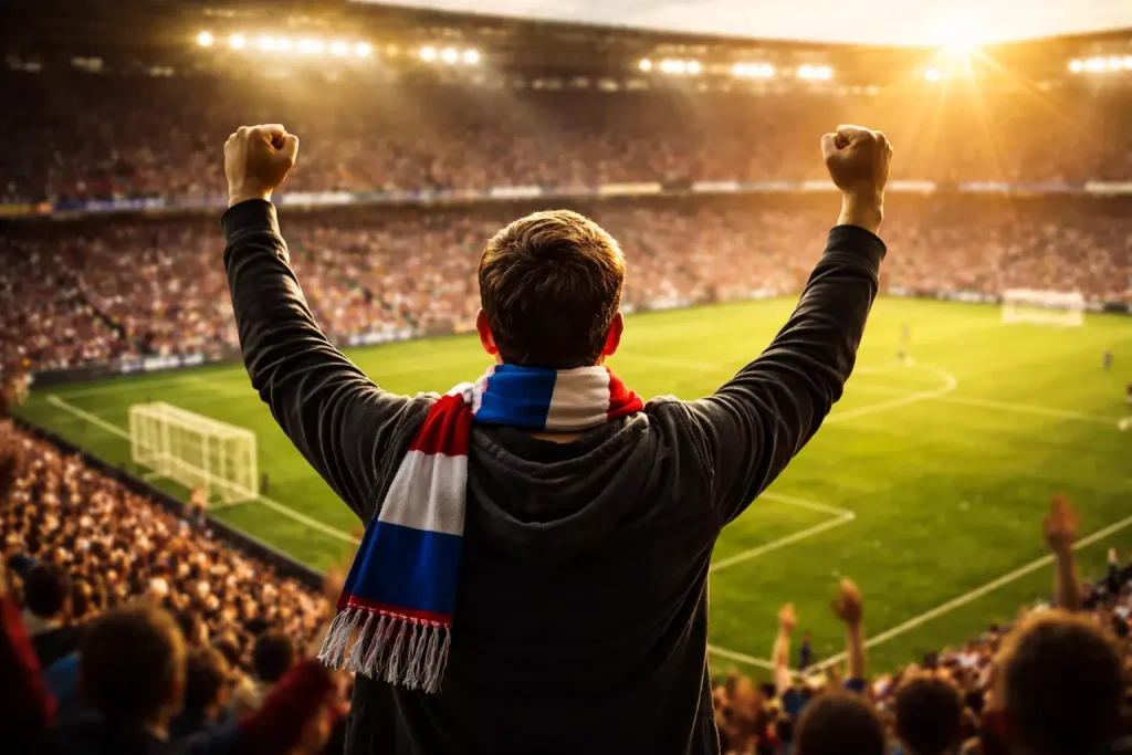 Tifoso esultante allo stadio di calcio con spalti e campo in erba verde