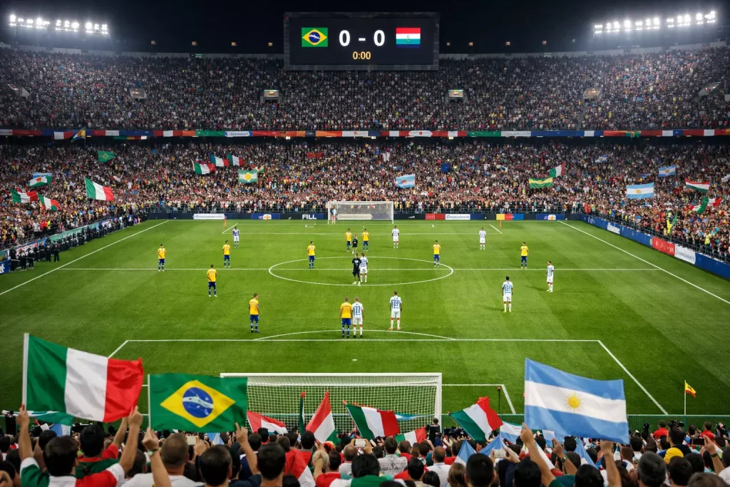 Stadio di calcio gremito con bandiere nazionali per i Mondiali 2026