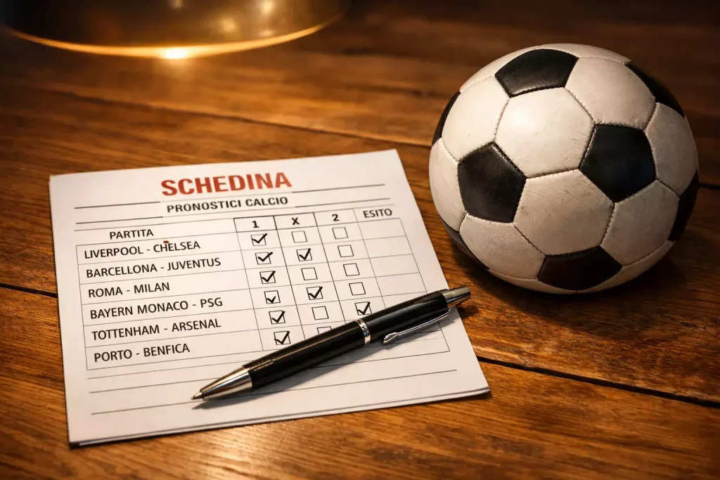 Schedina con più partite di calcio su un tavolo accanto a un pallone da calcio