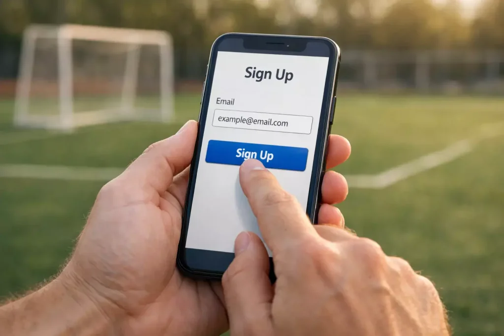 Persona che si registra velocemente su uno smartphone con un campo da calcio sullo sfondo