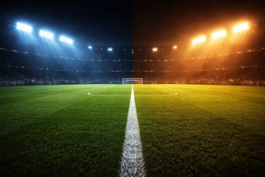 Due porte da calcio su un campo verde illuminate da luci contrastanti