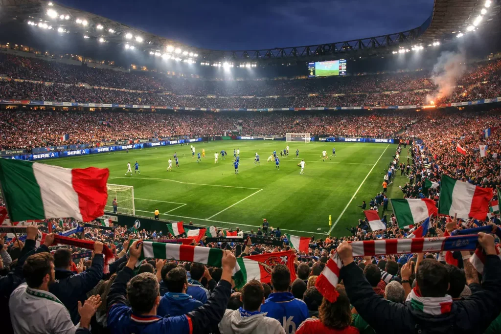 Stadio di calcio italiano pieno di tifosi durante una partita serale di Serie A