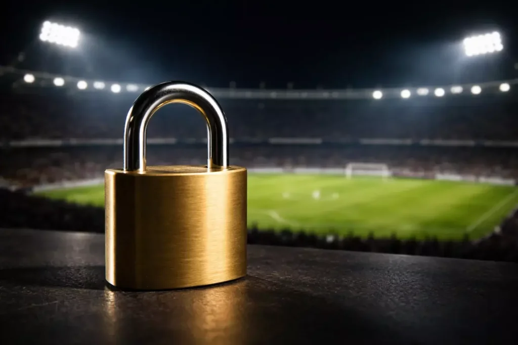 Lucchetto di sicurezza su sfondo di stadio di calcio illuminato