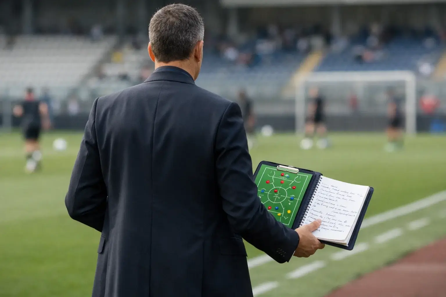 Allenatore che studia la tattica con appunti a bordo campo
