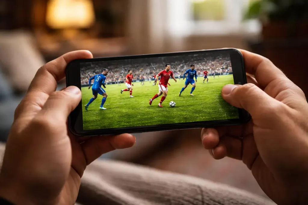 Smartphone con streaming di partita di calcio su campo in erba verde