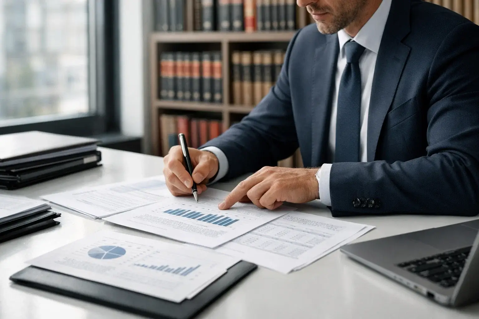 Professionista che esamina documenti finanziari in ufficio