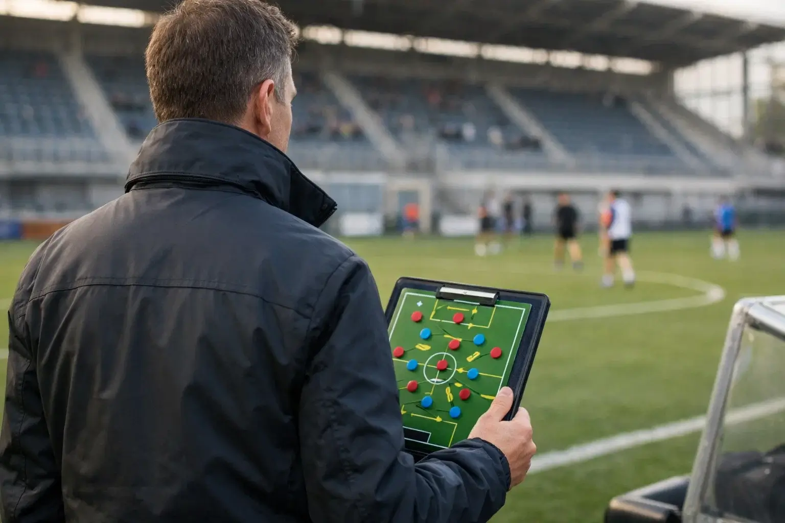 Allenatore che analizza la tattica a bordo campo con appunti