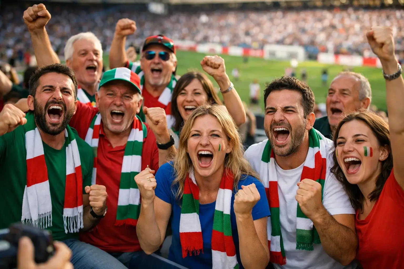 Tifosi entusiasti che seguono una partita di calcio allo stadio